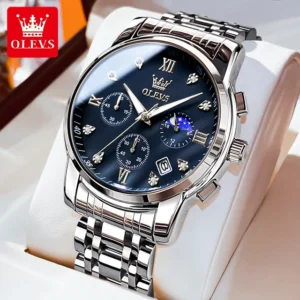 OLEVS Men's Quartz Chronograph Stainless Steel Watch with Luminous Date